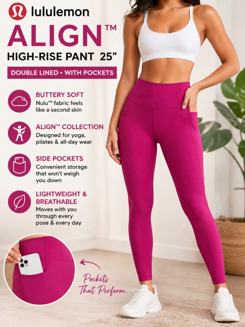 Lululemon Align HR Leggings 25” Double Lined w/ Pockets Magenta Pink NWOT Size 0